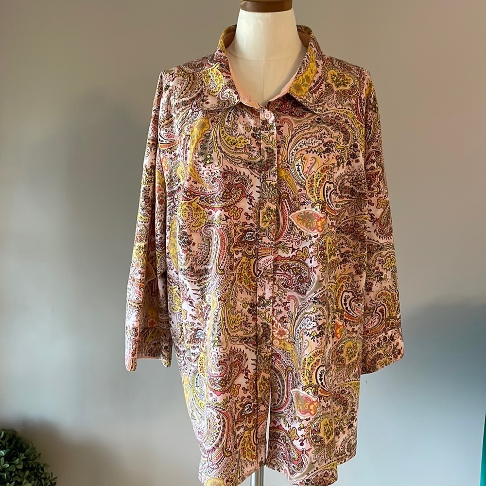 BASIC EDITIONS PLUS women’s paisley button up collared neckline 3/4 sleeve sz 4X